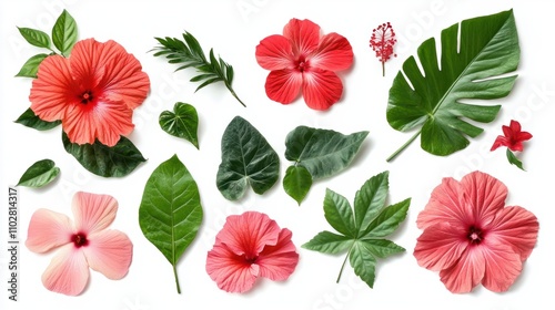 Tropical flowers set featuring bright hibiscus blooms and lush green leaves, isolated on white