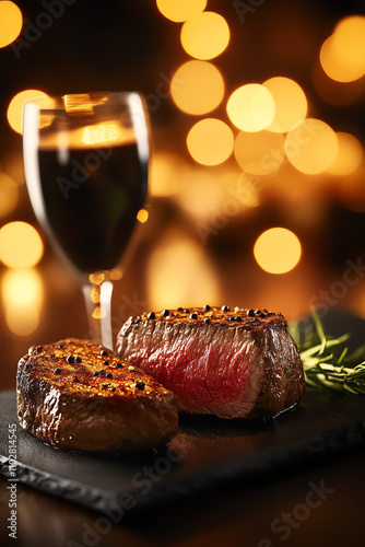 Medium rare steak paired with truffleinfused butter, sleek luxury background, ultrarealistic photo