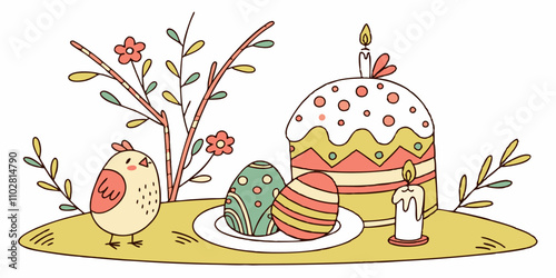 colorful eggs, decorative chickens, willow branches and traditional Easter cake (kulich, paska) with candle on table. Easter holiday concept. festive composition
