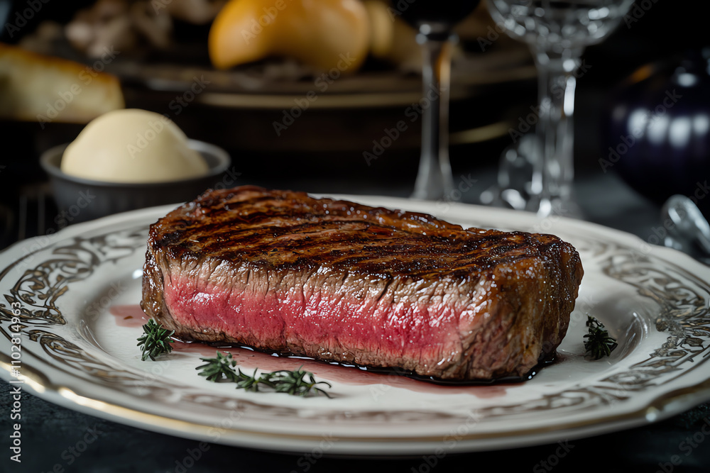 Medium rare steak with a perfect char, plated on an elegant dining setup, ultrarealistic Medium rare steak with a perfect char, plated on an elegant dining setup, ultrarealistic