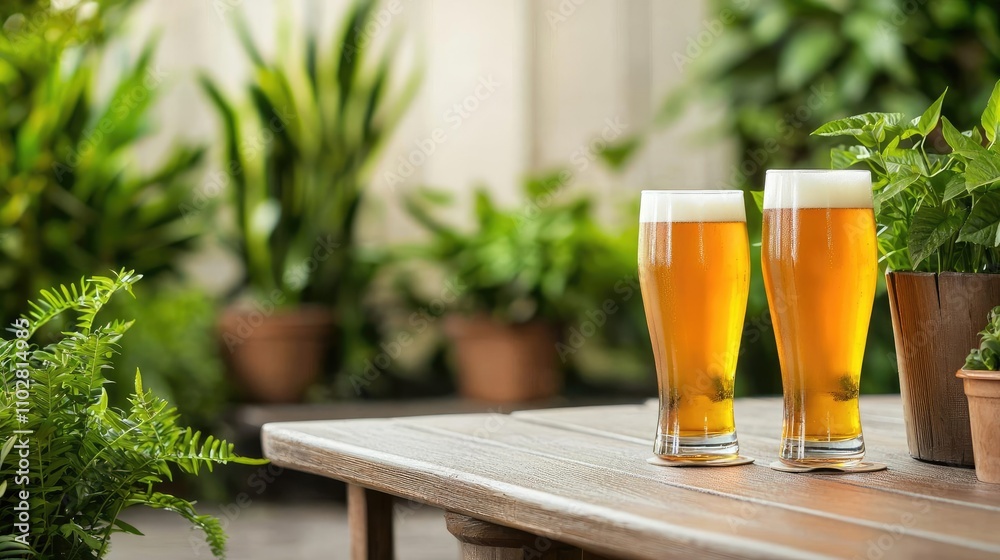 Two glasses of beer on a wooden table surrounded by green plants. Two glasses of beer on a wooden table surrounded by green plants.