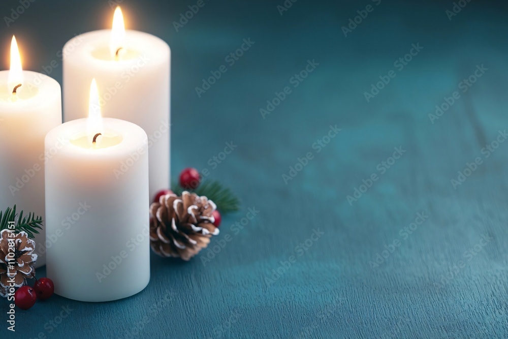 Three Burning Candles with Pine Cones and Berries on Teal Wood Three Burning Candles with Pine Cones and Berries on Teal Wood