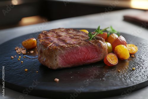 Succulent medium rare steak on a black slate plate, paired with roasted vegetables, golden hour lighting, ultrarealistic
