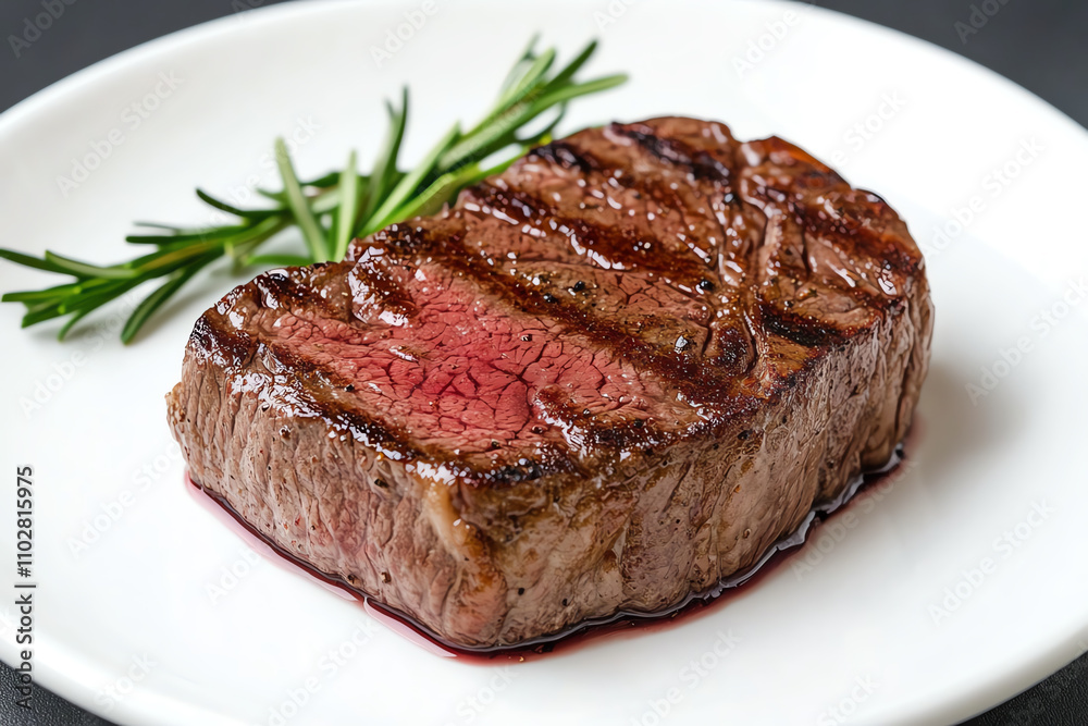 Medium rare steak served on a minimalistic plate, surrounded by opulent decor, ultrarealistic Medium rare steak served on a minimalistic plate, surrounded by opulent decor, ultrarealistic