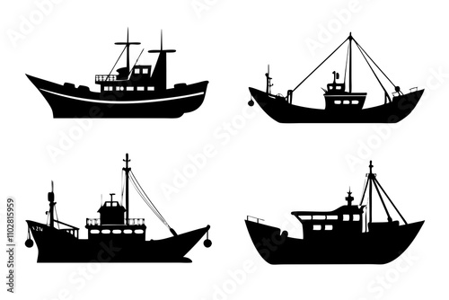 Fishing Boats Silhouette Vector Art Illustration.