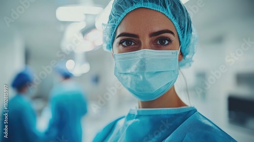 Nurse in surgical scrubs and a face mask, standing in an operating room in a hospital