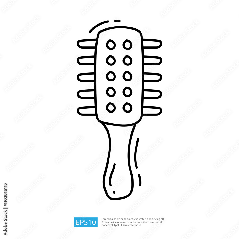 A simple line drawing of a hairbrush with a handle and bristles, designed for grooming and styling hair. A simple line drawing of a hairbrush with a handle and bristles, designed for grooming and styling hair.