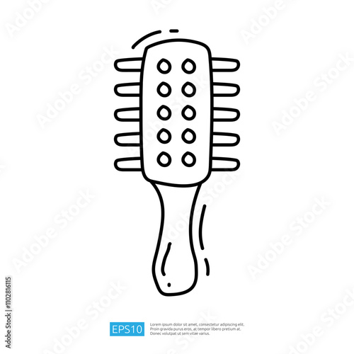 A simple line drawing of a hairbrush with a handle and bristles, designed for grooming and styling hair.