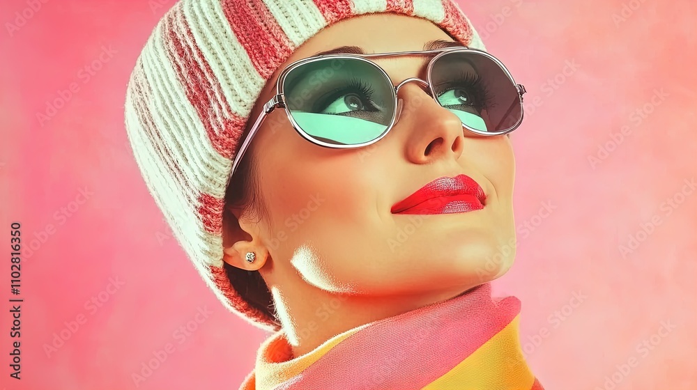 Fototapeta premium Bold and Vibrant Winter-Themed Portrait: Stylish Woman in Striped Knit Hat and Textured Tinted Sunglasses, Perfect as a Poster for Trendy Sports Interiors!