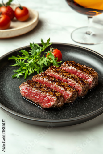 Grilled medium rare steak served on a minimalist dark plate, surrounded by luxury dining decor, ultrarealistic