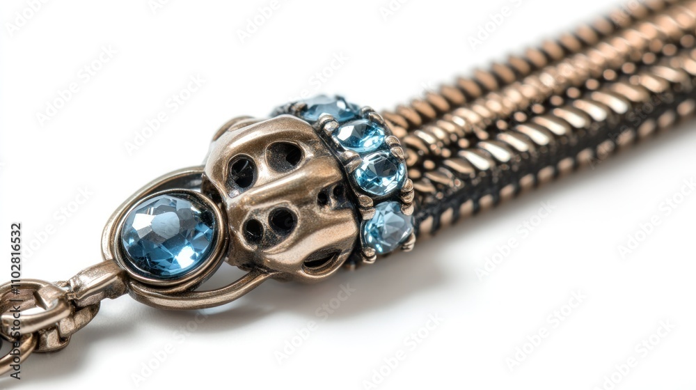A close-up of an ornate bracelet featuring blue gemstones and intricate metalwork. A close-up of an ornate bracelet featuring blue gemstones and intricate metalwork.