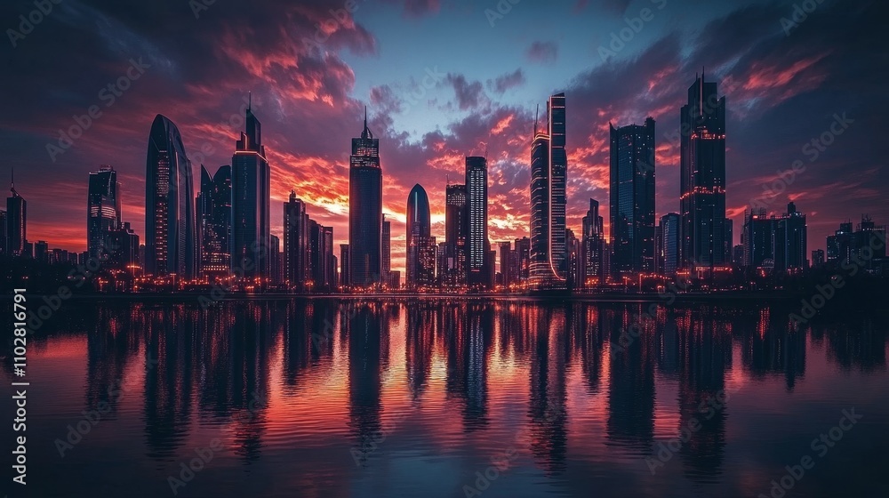 Fototapeta premium A stunning city skyline at sunset reflecting on water, showcasing modern architecture and vibrant colors.