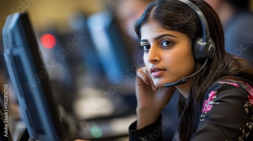 South Asian woman wearing a headset in a call center or customer support setting. Customer service, IT support, or business communication industries concept photo