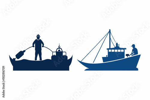 Fisherman with fishing boat silhouette.