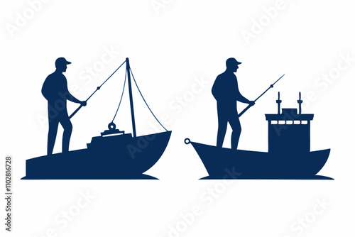 Fisherman with fishing boat silhouette.