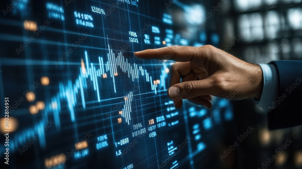 Businessman Analyzing Digital Data on Computer Screen with Abstract Finance Graphs, Concept of Information Communication and Stock Market Trends. Businessman Analyzing Digital Data on Computer Screen with Abstract Finance Graphs, Concept of Information Communication and Stock Market Trends.