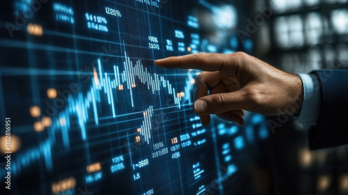 Businessman Analyzing Digital Data on Computer Screen with Abstract Finance Graphs, Concept of Information Communication and Stock Market Trends.