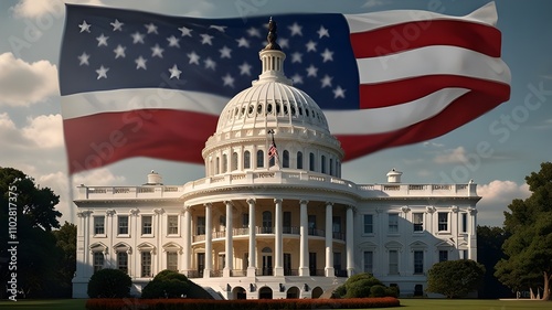 Majestic white house with American flag and detailed capitol dome representing national pride and governance