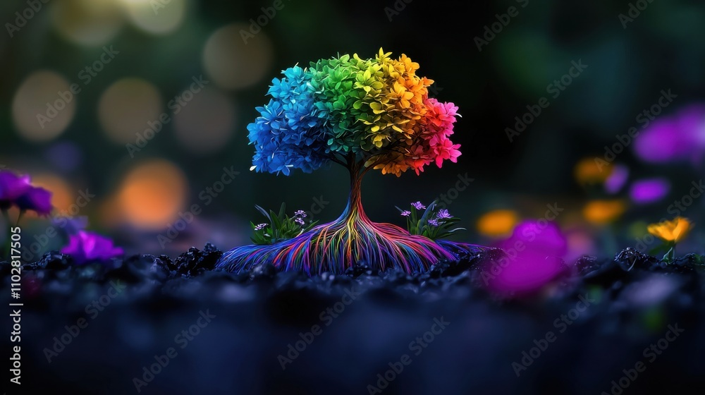 Fototapeta premium Vibrant Chromatic Tree Emerging from Mystical Ethereal Landscape