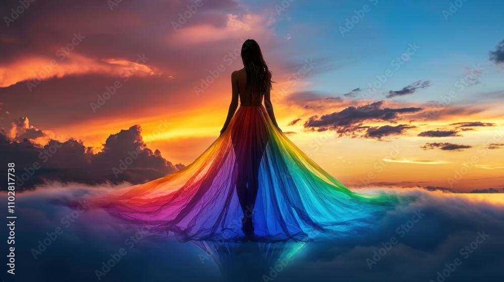 Ethereal Goddess Silhouette Gracing the Vibrant Cosmic Sunset Skies Ethereal Goddess Silhouette Gracing the Vibrant Cosmic Sunset Skies