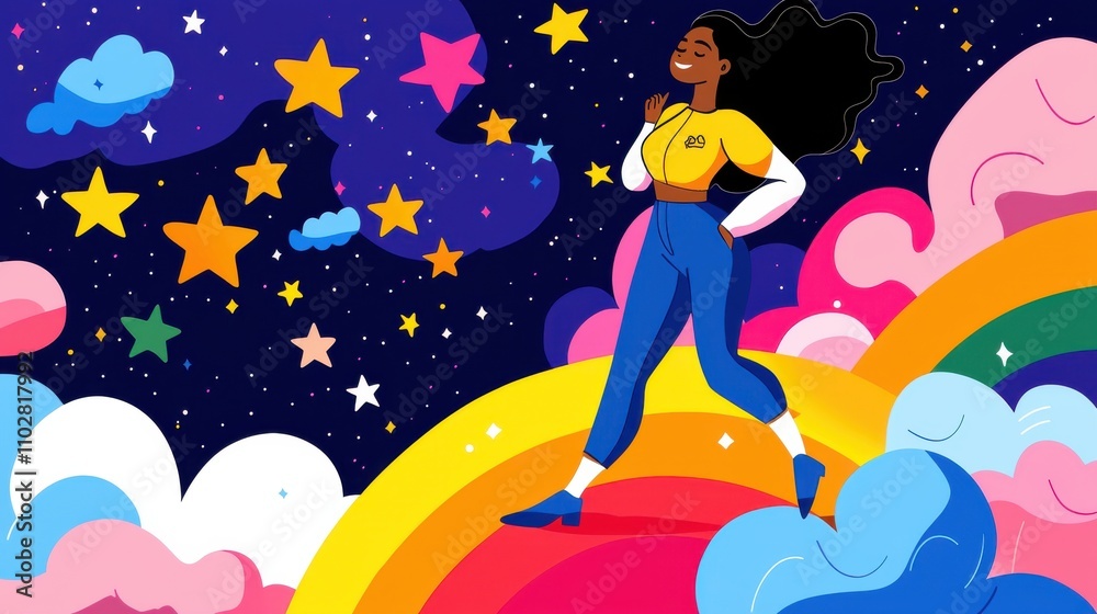 Confident Woman Exploring Vibrant Cosmic Landscape in Digital