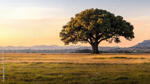 Majestic tree standing in golden field at sunset with birds in the sky.