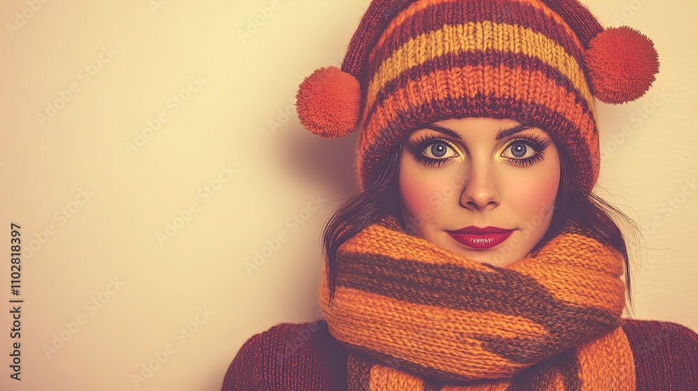 Cheerful Winter Portrait: Vibrant Knitwear & Pom-Poms - Ideal for Sporty Interior Decor or Seasonal Artwork Display Cheerful Winter Portrait: Vibrant Knitwear & Pom-Poms - Ideal for Sporty Interior Decor or Seasonal Artwork Display