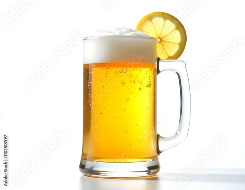 beer, mug, frosty, golden, foam, head, isolated, photorealistic, image, white, background, beverage, drink, alcohol, refreshment, cold, chilled, glass, lager, brew, bar, pub, classic, detailed, photo