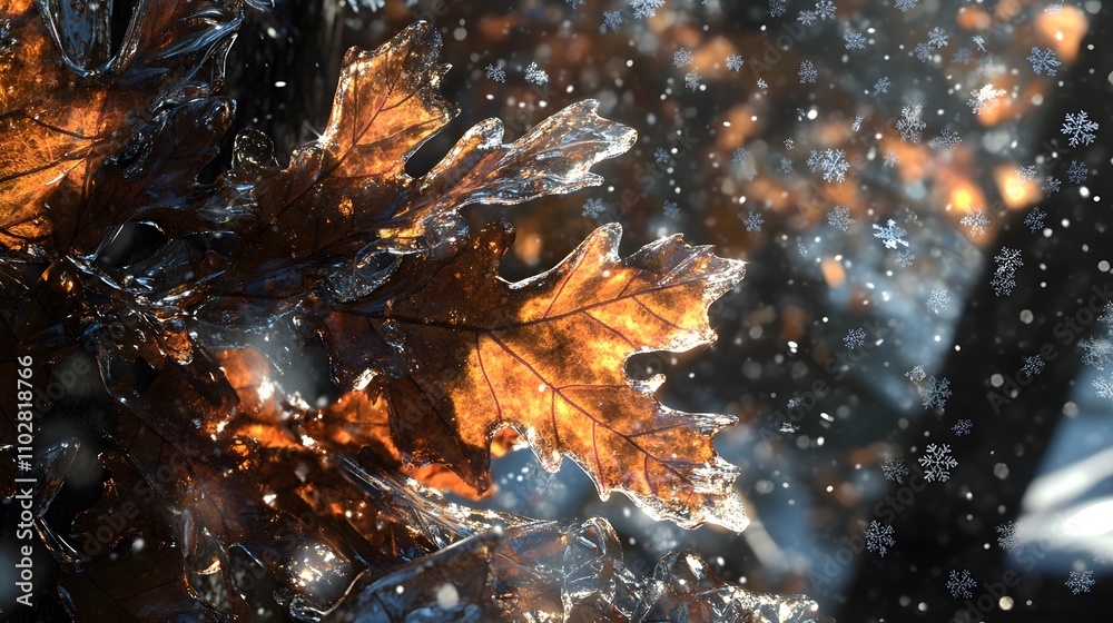 Iced autumn leaves with falling snowflakes. Iced autumn leaves with falling snowflakes.
