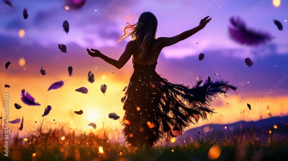 Enchanting Silhouette of a Ethereal Woman Dancing in a Dreamy Sunset Landscape Enchanting Silhouette of a Ethereal Woman Dancing in a Dreamy Sunset Landscape