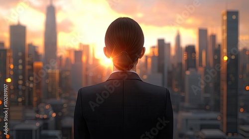 Businessman contemplating city skyline during sunset.