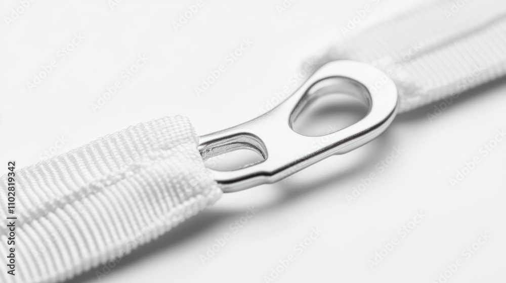Obraz premium A close-up of a silver metal clip attached to a white strap.