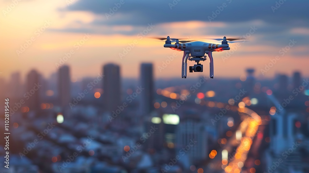 Drone flies over a beautiful city at sunset. The lights of the city create a stunning backdrop. Drone flies over a beautiful city at sunset. The lights of the city create a stunning backdrop.
