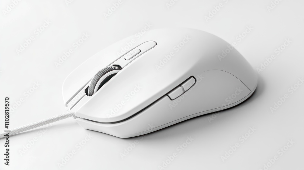 A sleek white computer mouse with a scroll wheel and side buttons on a light background. A sleek white computer mouse with a scroll wheel and side buttons on a light background.