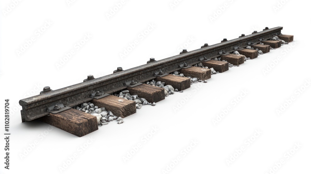A section of railway track with wooden ties and gravel, used for train transportation. A section of railway track with wooden ties and gravel, used for train transportation.