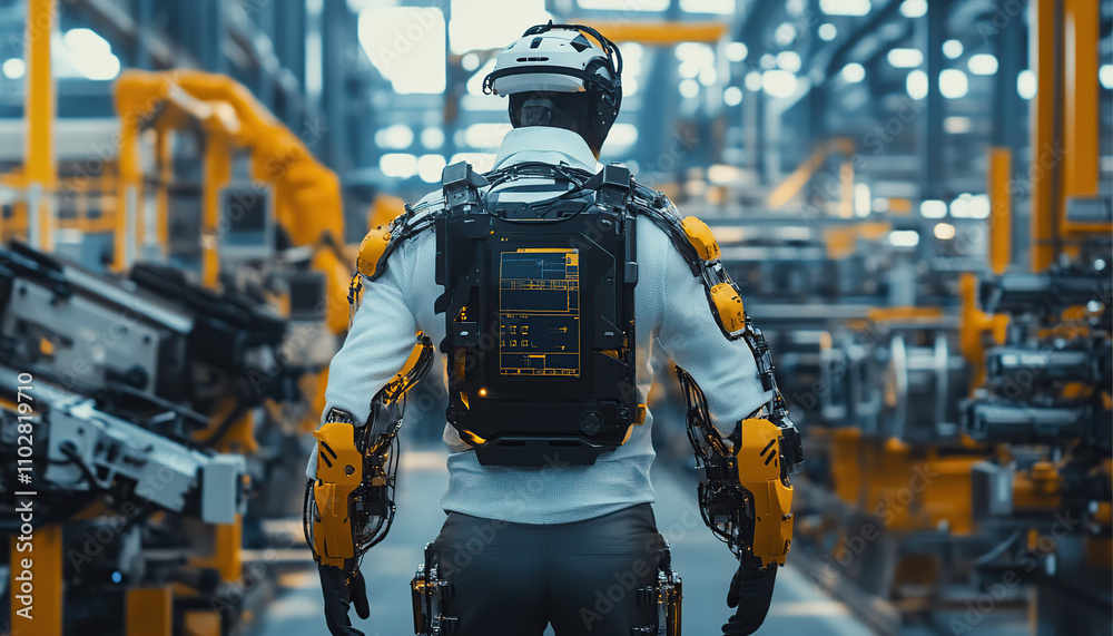 Futuristic exoskeleton in an industrial factory Futuristic exoskeleton in an industrial factory