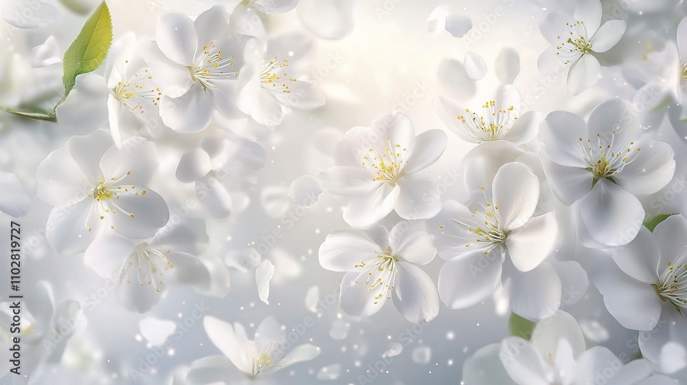 Soft White Blossom Background with Gentle Light and Floating Petals Soft White Blossom Background with Gentle Light and Floating Petals