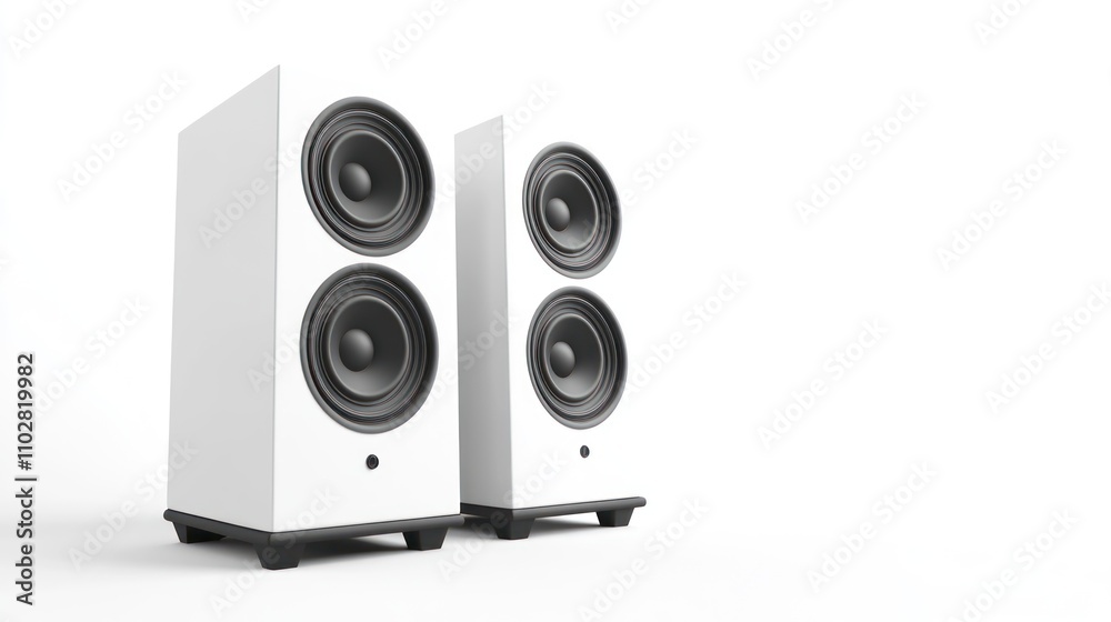 Obraz premium A pair of modern white audio speakers designed for high-quality sound reproduction.