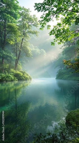 Serene and calming image of a body of water with surrounding trees and greenery in soft focus, serene atmosphere,