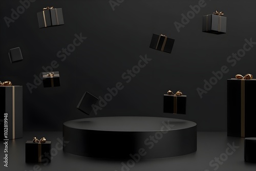Wallpaper Mural Black podium with black background with floating gift boxes Torontodigital.ca