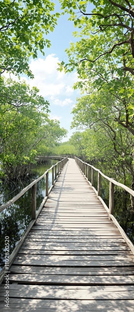 Beautiful wooden walkway winding through vibrant green mangrove swamp, mangrove swamp, tranquil, nature trail, serene Beautiful wooden walkway winding through vibrant green mangrove swamp, mangrove swamp, tranquil, nature trail, serene