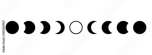 Full sun eclipse concept. Set of moon phases or stages. Total sun eclipse and lunar cycle. Black and white element for poster, banner, collage, brochure, cover, tattoo. Vector illustration