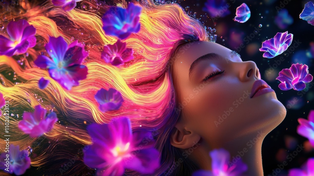 Mesmerizing Cosmic Feminine Portrait in Vibrant Dreamscape Mesmerizing Cosmic Feminine Portrait in Vibrant Dreamscape