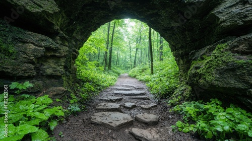 Serene Forest Path Through Stone Archway Nature Trail Hiking Green Leaves Mossy Rocks