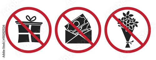 Bundle set prohibition sign do not bring gift, money and flower bouquet, for wedding, charity invitation card template