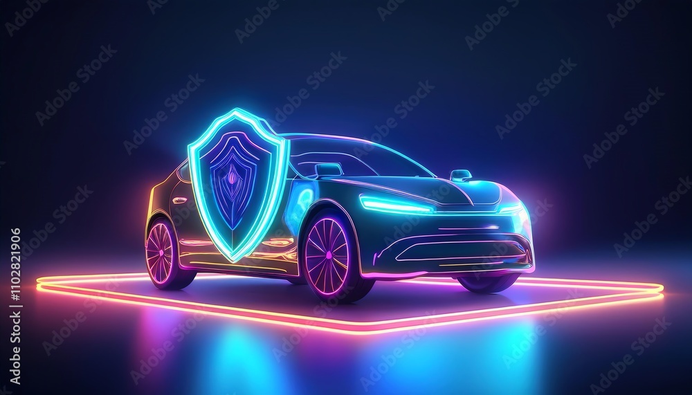A futuristic car with neon lights and a shield symbol, representing security and innovation in automotive technology. A futuristic car with neon lights and a shield symbol, representing security and innovation in automotive technology.
