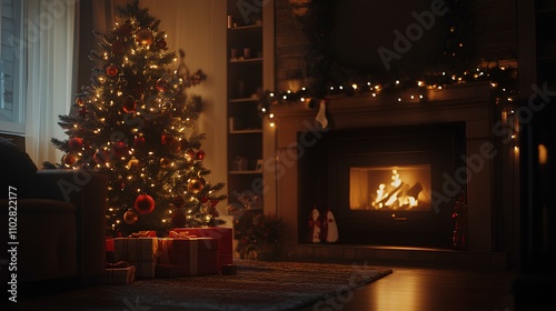 Cozy Christmas Eve Night: A Warm and Inviting Living Room Scene with a Decorated Christmas Tree, Presents, and a Fireplace Burning Brightly photo