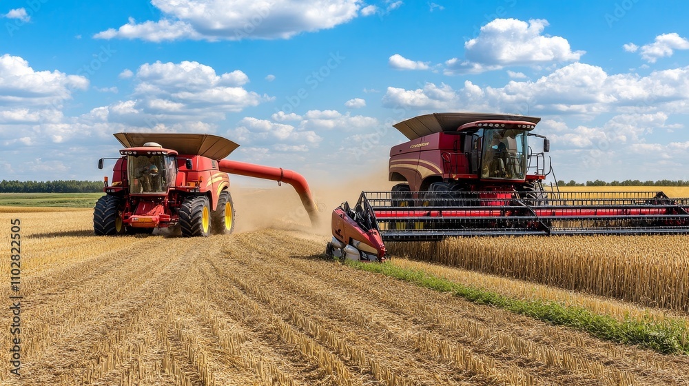 Obraz premium Two combine harvesters working in a golden wheat field under a blue sky with fluffy clouds.