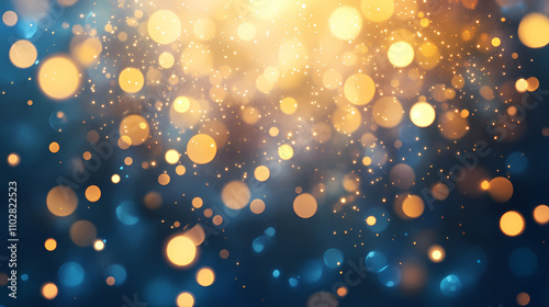 Abstract particles with glowing beams from above surrounded by bokeh on dark blue background. Luminescent. Illustration