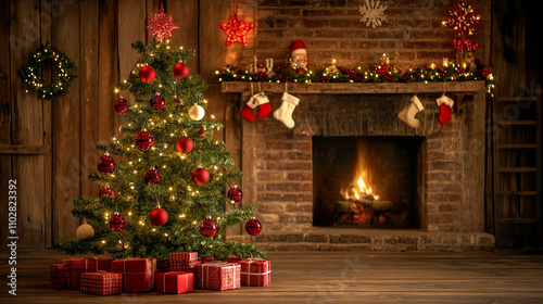 Beautiful christmas tree with gift boxes background decorated with glowing lights and ornaments against a warm fireplace in a cozy living room
 photo